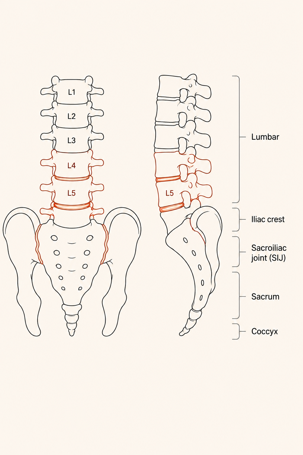 Lumbar spine pars interarticularis anatomy Anatomical illustration of the lumbar spine with pars interarticularis and facet joints labelled